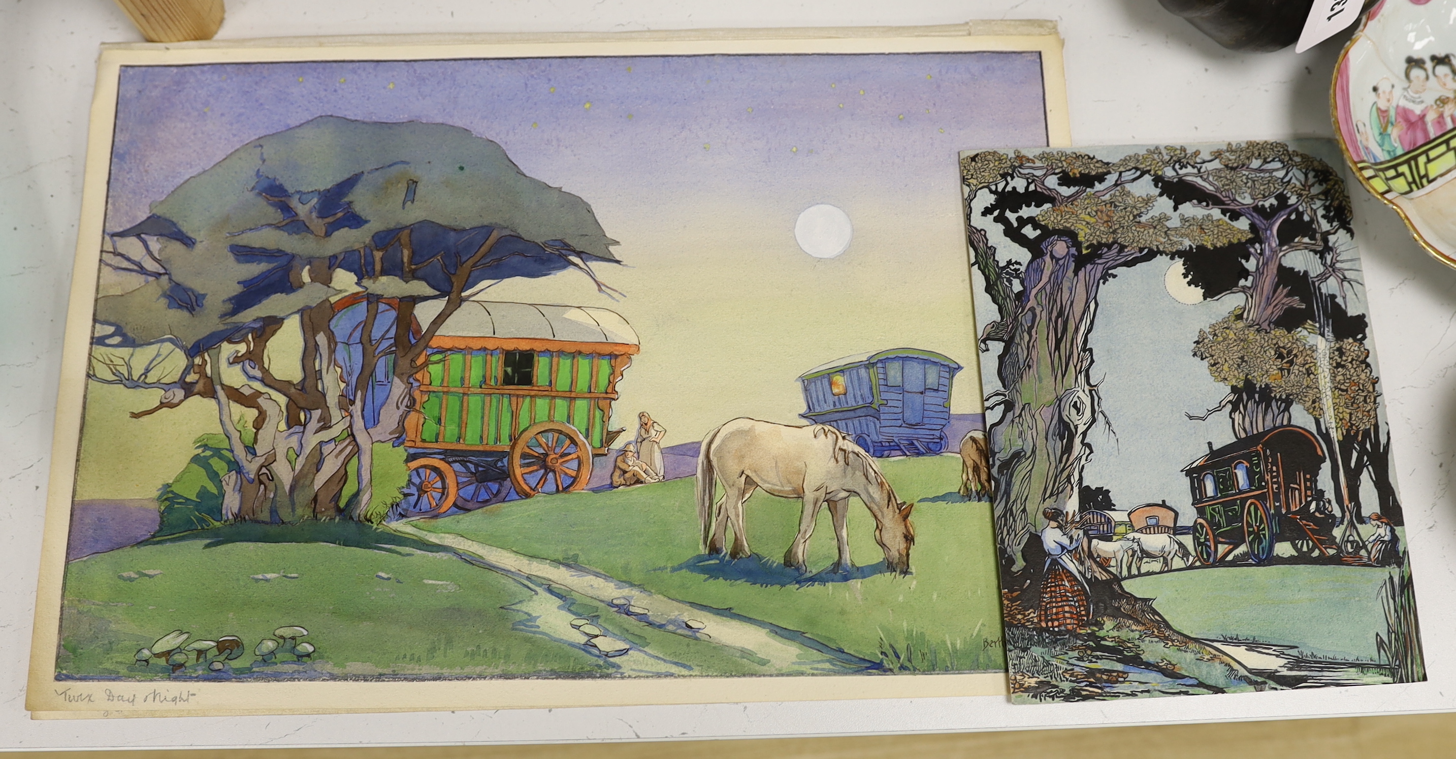 Bertha Stamp (American, b.1877), three ink and watercolours, Gypsy Caravan scenes, ‘The Night Club’, ‘Twixt Day & Night’ & ‘Evening Calm’, two signed, largest 30 x 44cm, unframed